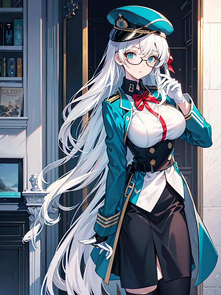 masterpiece, best quality, beautiful girl, white hair with blue inner color, emerald green eyes, dark blue military uniform, mature_female, eye_glasses, white gloves, anime, dark blue military hat, very_long_hair, perfect body, red ribbon, commander, science_fiction, black knee-high boots, white pencil skirt , cowboy_shot, best quality, large_breasts, ultra-detailed, high quality, modern military uniform, sci-fi, royal blue Trench Coat, one girl 