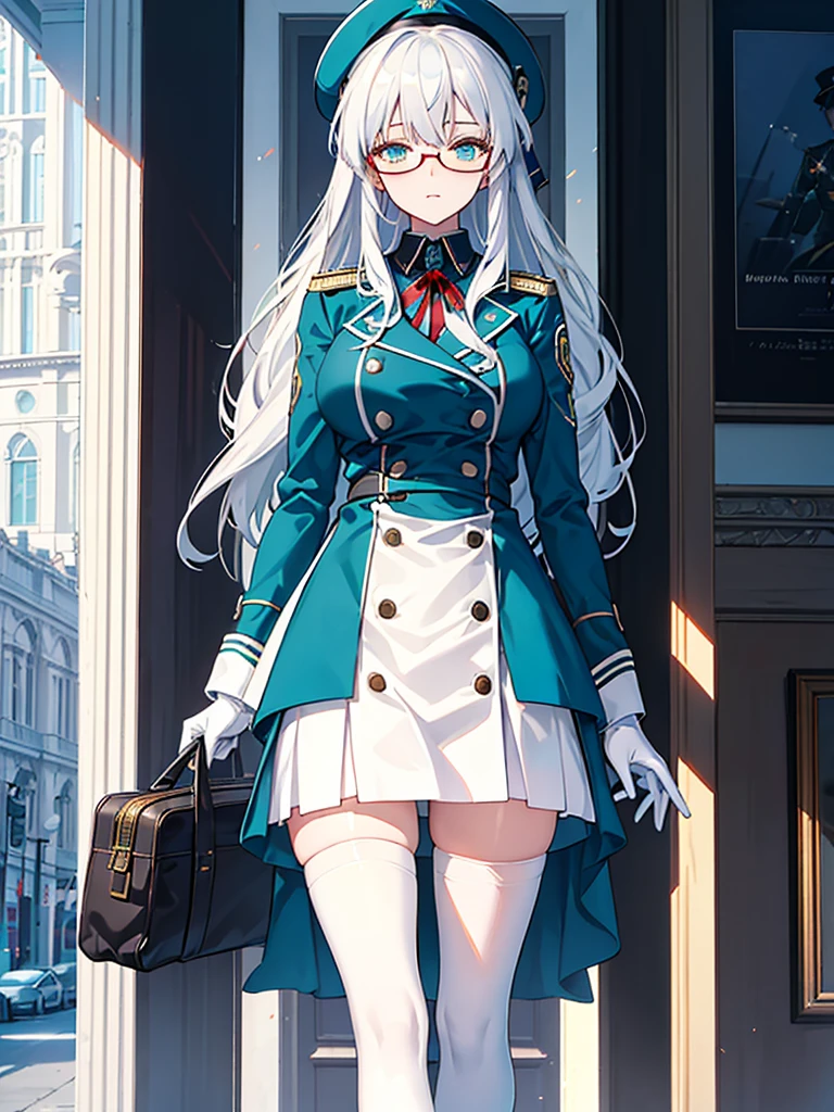 masterpiece, best quality, beautiful girl, white hair with blue inner color, emerald green eyes, dark blue military uniform, mature_female, eye_glasses, white gloves, anime, dark blue military hat, very_long_hair, perfect body, red ribbon, commander, science_fiction, black knee-high boots, white pencil skirt , cowboy_shot, best quality, large_breasts, ultra-detailed, high quality, modern military uniform, sci-fi, royal blue Trench Coat, only one girl 