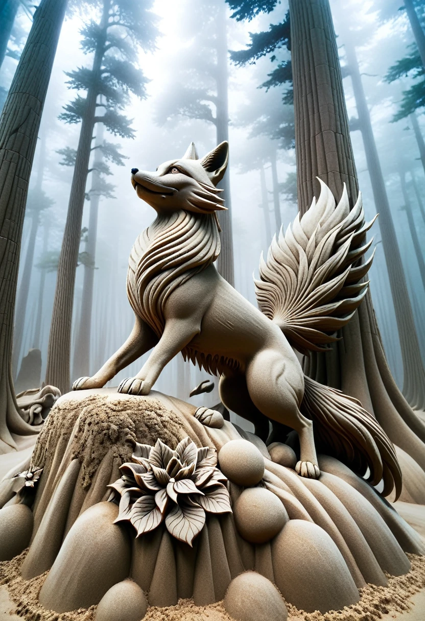 Sand sculpture style,  Nine-tailed Fox：这只Nine-tailed Fox的每条尾巴都闪耀着不同的宝石色彩，From the passion of ruby to the calmness of sapphire，They sway gently with its movements.，Release charming magical brilliance。It moves gracefully through the mist of the ancient forest，Every leap seems to resonate with the rhythm of nature。，Strong sense of déjà vu。