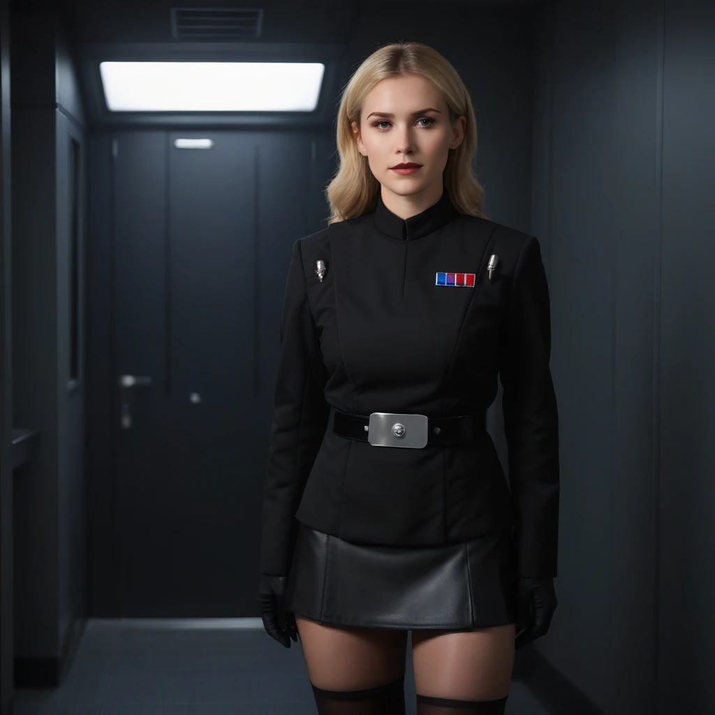 uma fotografia de corpo inteiro de uma linda oficial do imperrail vestindo um uniforme preto com saia, parado em um interior escuro 