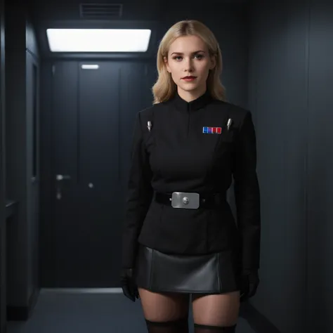 a fullbody  photograph of a beautiful female imperail officer wearing a black uniform with a skirt, standing in a dark interior 