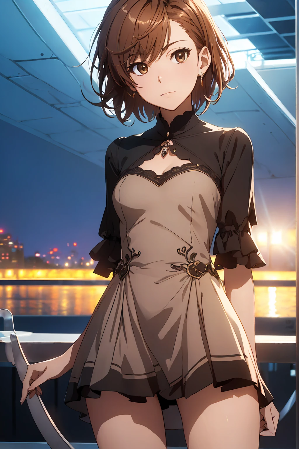 (Highest quality:1.5, High resolution, 超High resolution, 4K, Detailed lighting, Shaders), NSFW Misaka Mikoto ,short hair　Brown Hair　Brown eyes　Cool face　((Black luxury dress))　Short length　Cute black panties　Realistic sun rays　sexy, Beautiful night view　