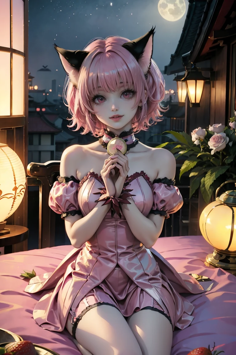 Ichigo Momomiya, Tokyo Mew Mew, white roses, ornament hair, white roses on her hair, cat ears, a cat girl, holding a strawberry with chocolate, perfectly body, perfectly hands, pink hair, flowing hair, short hair, seat on a bed, chinese home style, oriental architecture, gold lantern, white dress, more details on her clothes, golden details, night, smiling, pink dress,