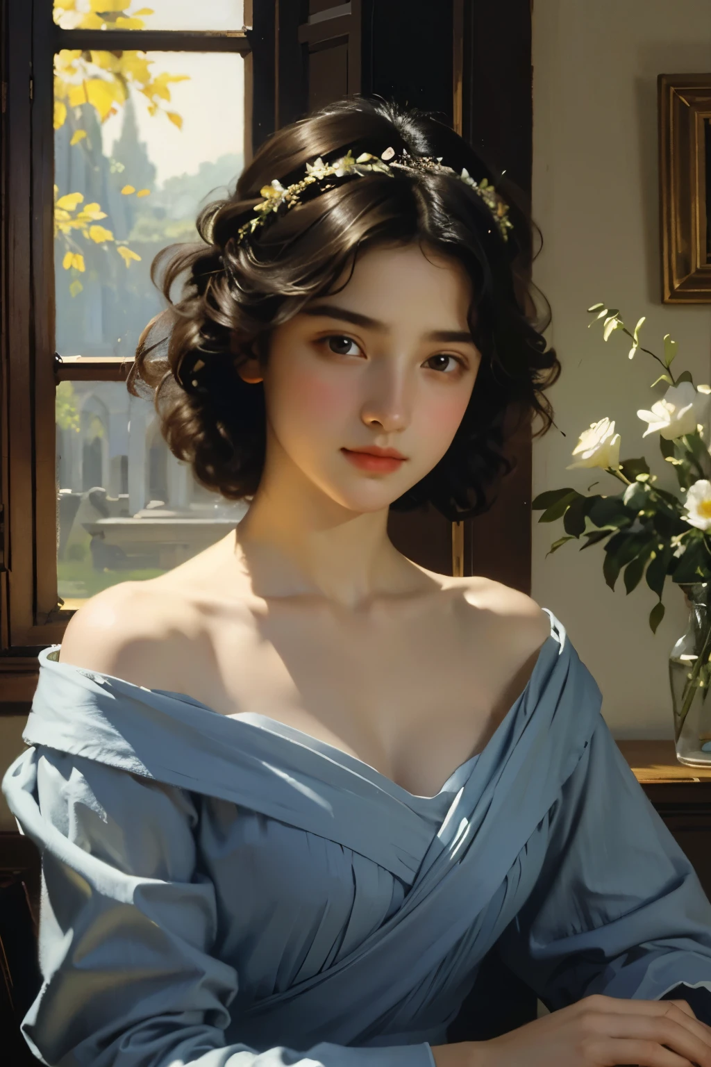 (masterpiece), (highest quality), oil, classical painting, 1 girl, portrait, bare shoulders, (beautiful evening dress:1.2), flowers、(Sargent oil painting)、(highest quality、masterpiece)、 Realistic， photorealist，solo，beautiful face、lifelike face、black haired、short hair、beautiful hairstyle、 real looking skin、beautiful skin、attractive、Cute blouse、 Upper body，detailed，dark background，Backlight、soft light、Inspired by Edmund Leighton,