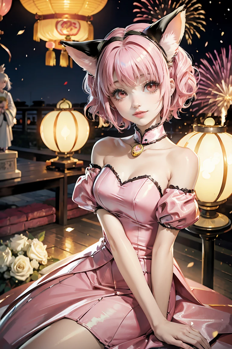 Ichigo Momomiya, Tokyo Mew Mew, white roses, ornament hair, short hair, white roses on her hair, maid, maid dress, maid headdress, maid apron, pink hair, flowing hair, pink hair, seat on a grass, chinese festival, chinese lanterns, Chinese dress, gold lantern, white dress, more details on her clothes, golden details, night, smiling, coat, temple, shrine, outside, fireworks, garden