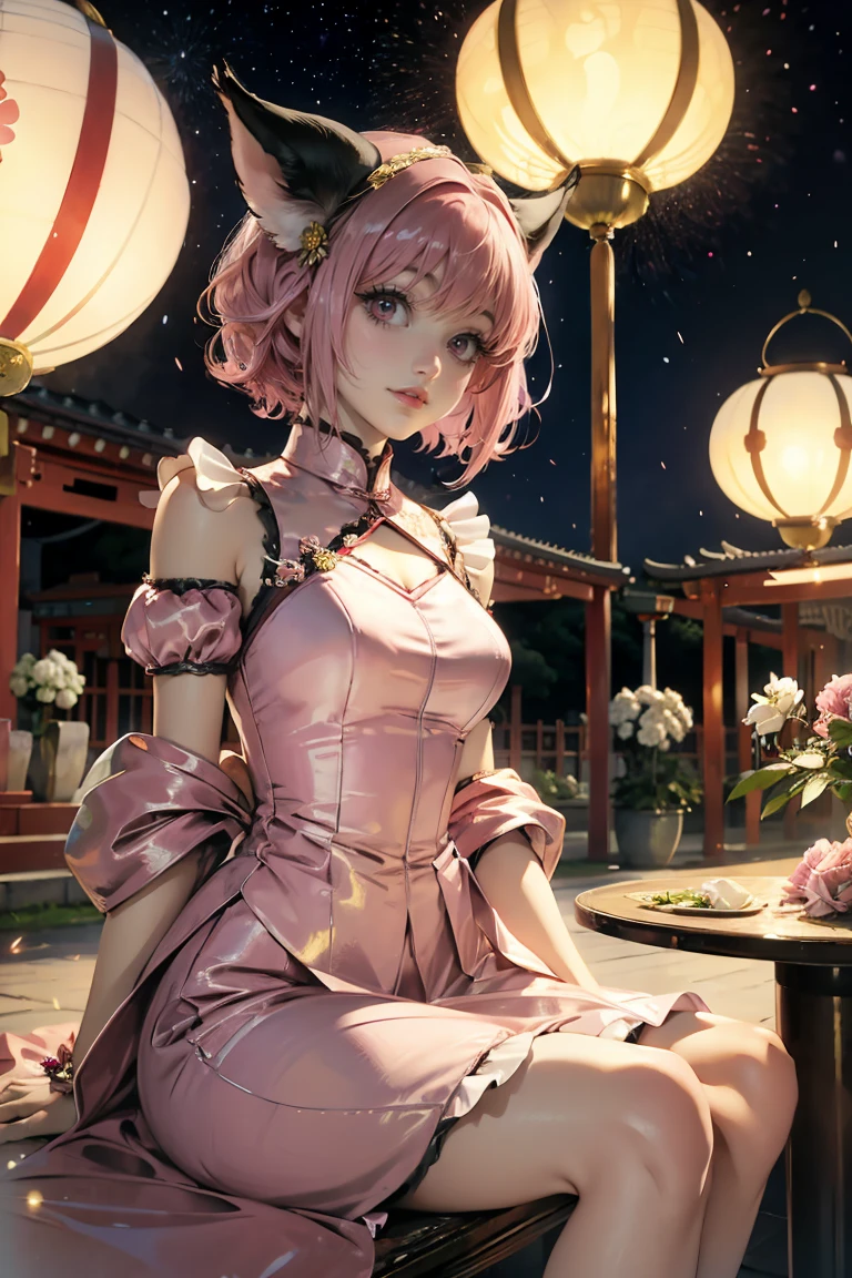 Ichigo Momomiya, Tokyo Mew Mew, white roses, ornament hair, short hair, white roses on her hair, maid, maid dress, maid headdress, maid apron, pink hair, flowing hair, pink hair, seat on a grass, chinese festival, chinese lanterns, Chinese dress, gold lantern, white dress, more details on her clothes, golden details, night, smiling, coat, temple, shrine, outside, fireworks, garden