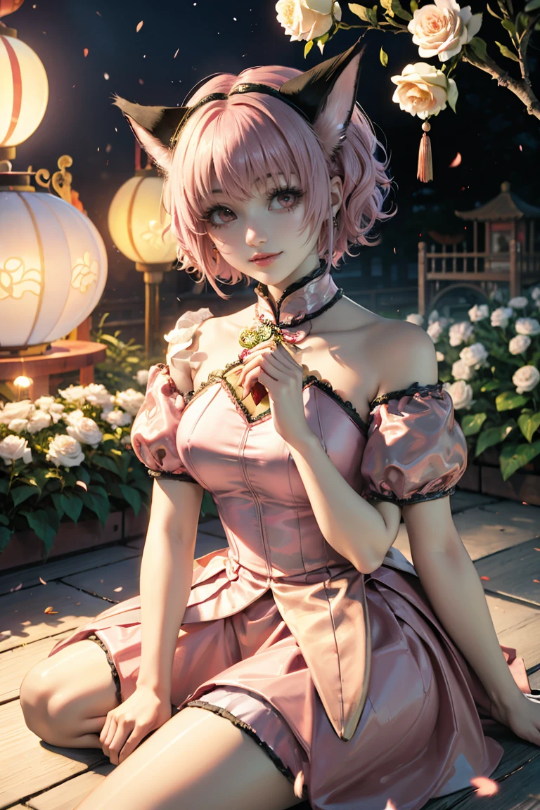 Ichigo Momomiya, Tokyo Mew Mew, white roses, ornament hair, short hair, white roses on her hair, maid, maid dress, maid headdress, maid apron, pink hair, flowing hair, pink hair, seat on a grass, chinese festival, chinese lanterns, Chinese dress, gold lantern, white dress, more details on her clothes, golden details, night, smiling, coat, temple, shrine, outside, fireworks, garden