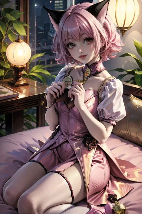 Ichigo Momomiya, Tokyo Mew Mew, white roses, ornament hair, white roses on her hair, cat ears, a cat girl, holding a strawberry ...