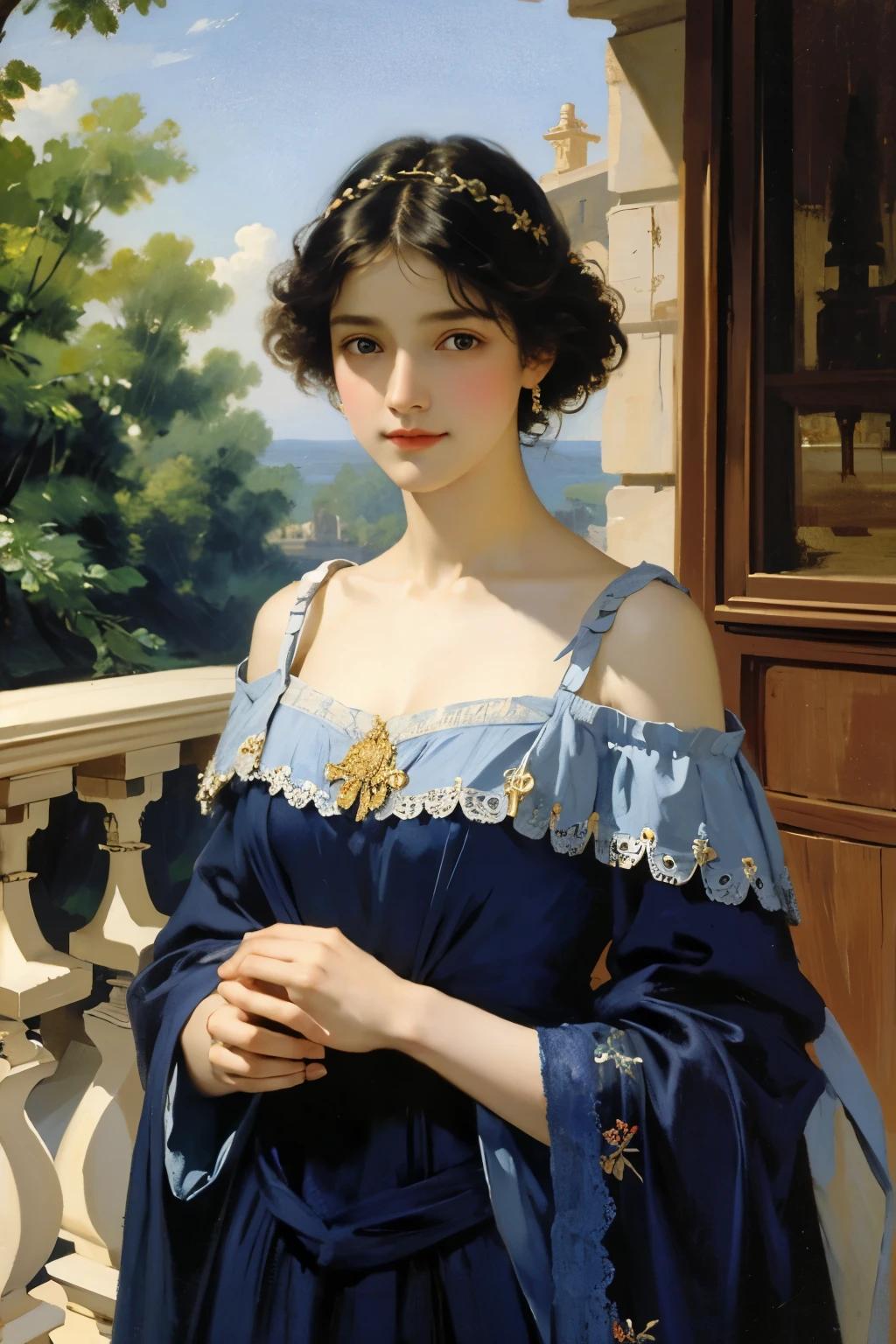 (obra de arte), (mais alta qualidade), óleo, pintura clássica, 1 garota, (corpo do buraco), de pé, Retrato, Ombros nus, (Lindo vestido de noite azul da Prússia decorado com rendas e bordados :1.2), Flores、(na varanda), (Sargent óleo painting)、(mais alta qualidade、obra de arte)、 realista， fotorrealista，Sozinho，rosto bonito、rosto realista、cabelo preto、cabelo curto、lindo penteado、 pele com aparência real、pele bonita、atraente、blusa fofa、 tronco，detalhado，fundo escuro，luz de fundo、luz suave、Inspirado por Edmund Leighton,