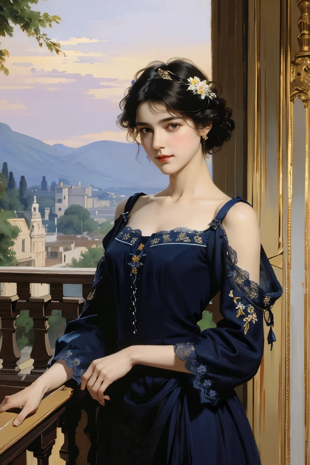 (obra de arte), (mais alta qualidade), óleo, pintura clássica, 1 garota, (corpo do buraco), de pé, Retrato, Ombros nus, (Lindo vestido de noite azul da Prússia decorado com rendas e bordados :1.2), Flores、(na varanda), (Sargent óleo painting)、(mais alta qualidade、obra de arte)、 realista， fotorrealista，Sozinho，rosto bonito、rosto realista、cabelo preto、cabelo curto、lindo penteado、 pele com aparência real、pele bonita、atraente、blusa fofa、 tronco，detalhado，fundo escuro，luz de fundo、luz suave、Inspirado por Edmund Leighton,