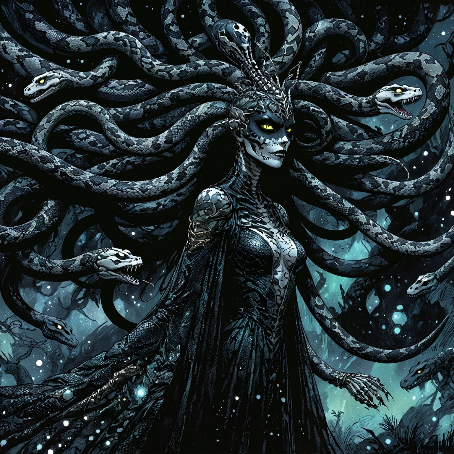 Medusa, wearing vestido de pele de cobra Cósmico abyss velvet black dress, única fonte de luz, reflexos deslumbrantes e brilhantes da luz das estrelas e do luar em um vestido elegante e eloquente, página inicial expressiva e inacabada de esboço bruto arte de capa descomprimida em quadrinhos, figura de estilo de tinta, ((expressiva Joelle Jones e "Sean Gordon Murphy" desenho cômico)), sem palavras, pôster cinematográfico, morfologia anatomia desenhada Frederic Delavier musculatura ilustração anatômica, (Face, pintura de cadáver em blackmetal ornamentado, se parece com Grace Jones), abismo vazio preto sem visibilidade escuridão, retrato de corpo inteiro, (fundo, pinheiros, entropia, renaturalização, pôr do sol da hora mágica, estrelas da galáxia, cosmos), (cores, sombrio silenciado profundo ardente radiante brilhante ROYGBIV, verde floresta, Castanho Terra), candid, vestido de pele de cobra, (corpo, Naga, pessoas cobra, lower corpo snake tail, mulher cobra híbrida, Careca, Calvo, Esqueleto, tatuagens de pele de cobra, Olhos penetrantes, pupilas de cobra, Sobre o ombro), nuance de artesanato, (Carvão Gerardo Zaffino), (Horror, abstrato, Surreal, corpo, Cósmico), orquídeas subliminares, nictofobia, Silhueta, dupla exposição, imagem dentro da imagem,
