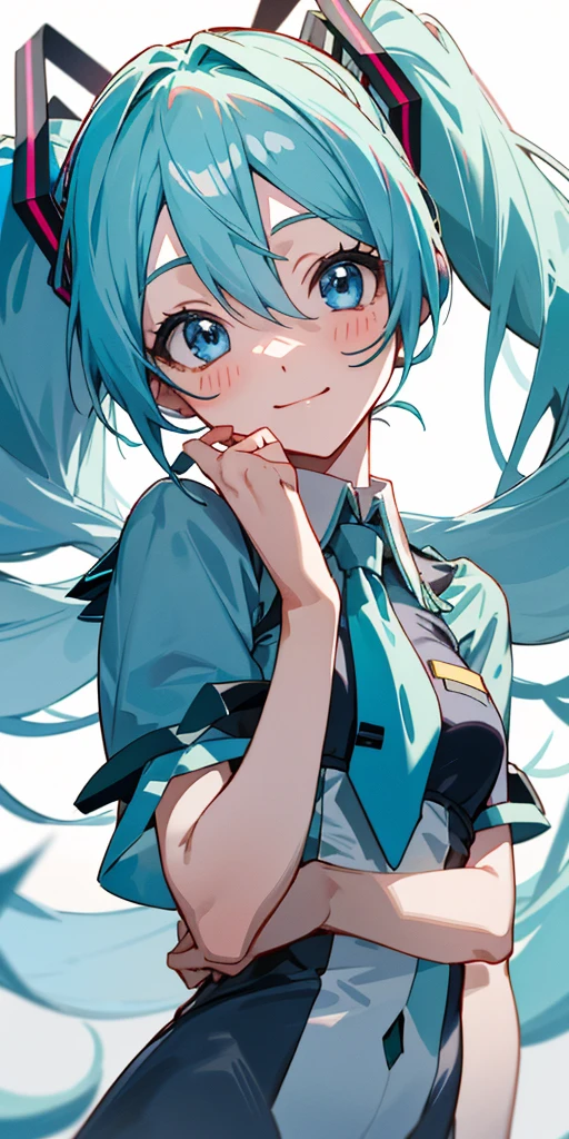 Hatsune_Miku, Hatsune Miku, 1 garota、uma pessoa、roupas azuis que mostram claramente o formato do seu corpo、cabelo azul、cauda dupla、Lindos olhos azuis、alegria intensa no rosto、Eu te amo、close da parte superior do corpo