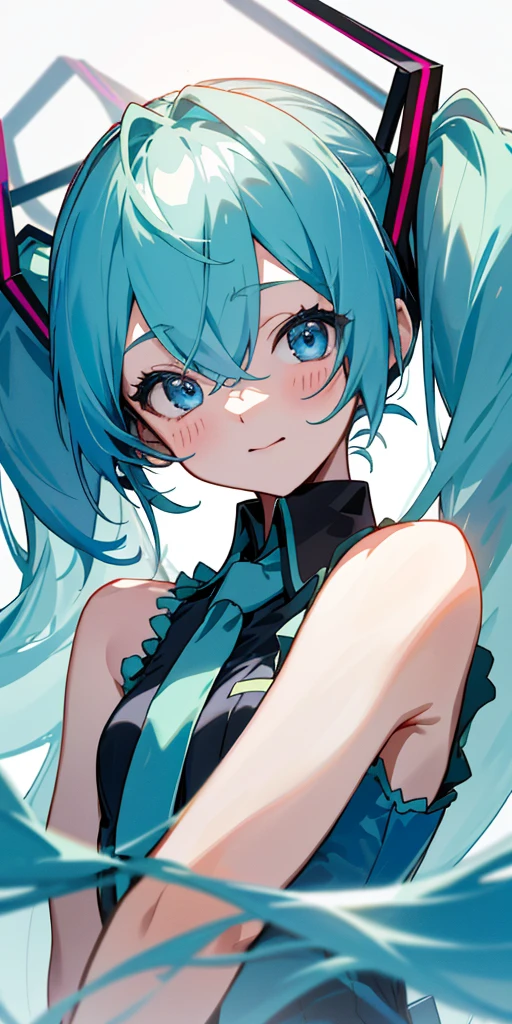 初音_未来, 初音 未来, 1 名女孩、一个人、蓝色的衣服可以清楚地显示你的身材、蓝头发、双马尾、美丽的蓝眼睛、脸上洋溢着强烈的喜悦、我爱你、上半身特写