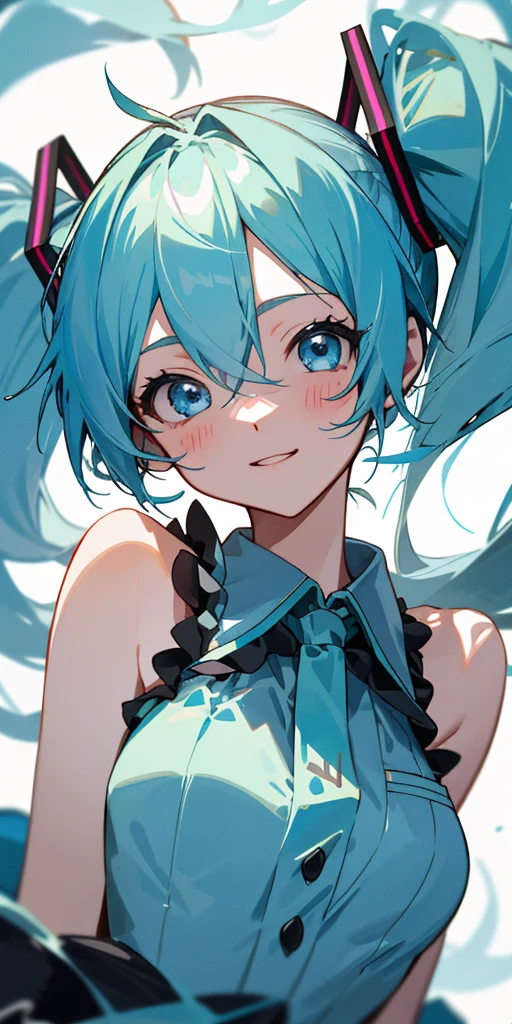 hatsune_miku, hatsune miku, 1 girl、one person、blue clothes that clearly show your body shape、blue hair、twintail、beautiful blue eyes、intense joy on the face、I love you、upper body close-up