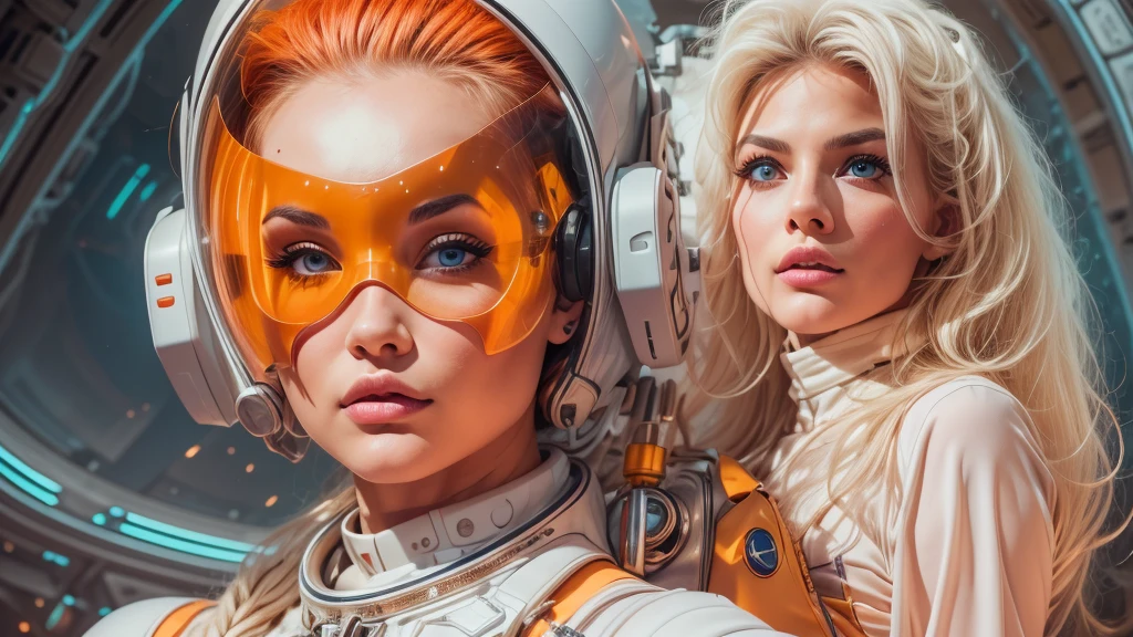 arafed image of a white woman in a futuristic suit with a spaceship in the background, movie art, in front of an orange background, inspired by Robert McGinnis, female protagonist, megastructure in the background, portrait of an ai astronaut, astronauts, an astronaut, portrait of a astronaut skeletor, perfect android girl, detailed eyes, perfectly detailed teeth, frank franzzeta and sakimichan  