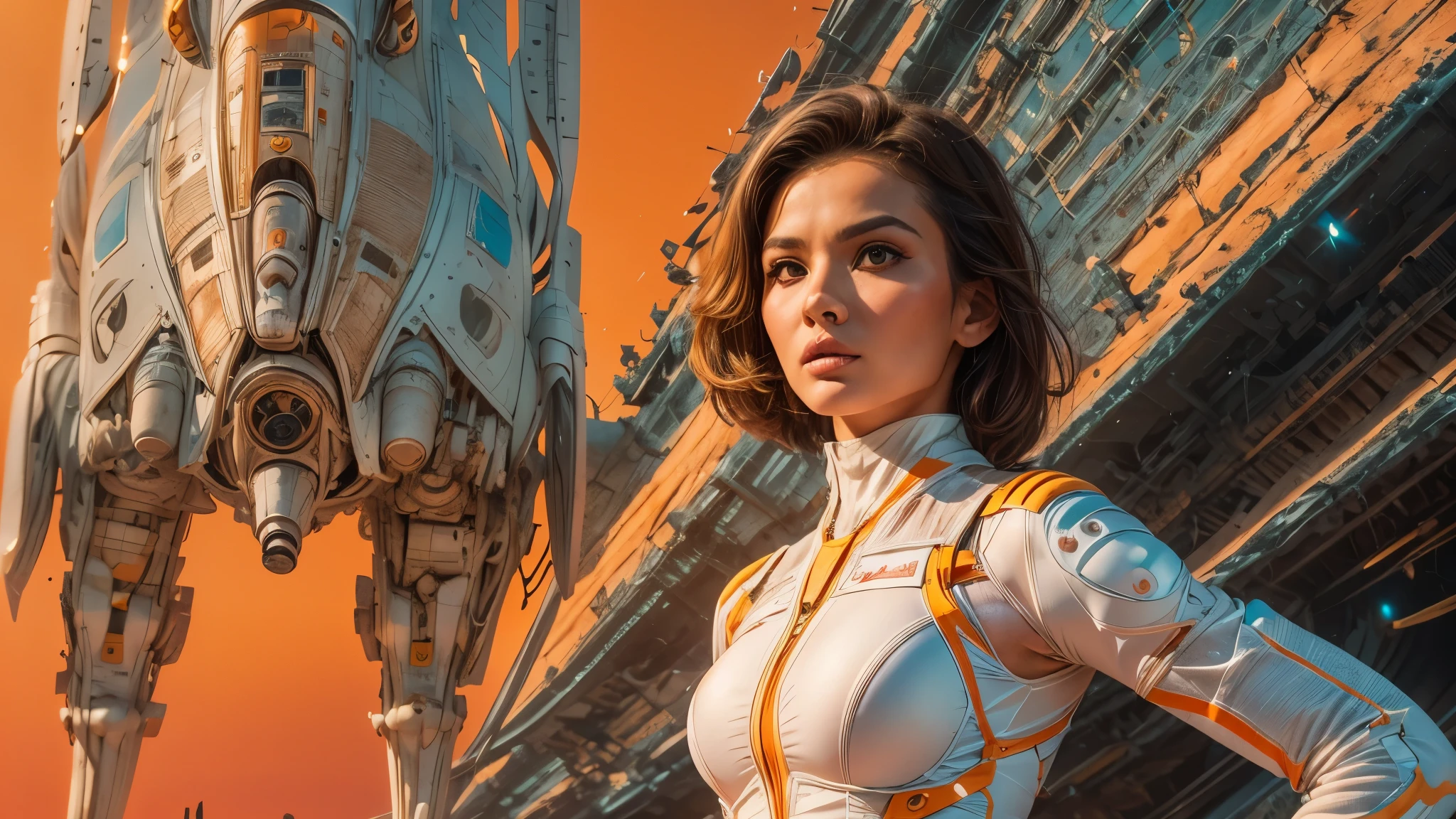 arafed image of a white woman in a futuristic suit with a spaceship in the background, movie art, in front of an orange background, inspired by Robert McGinnis, female protagonist, megastructure in the background, portrait of an ai astronaut, astronauts, an astronaut, portrait of a astronaut skeletor, perfect android girl, detailed eyes, perfectly detailed teeth, frank franzzeta and sakimichan  