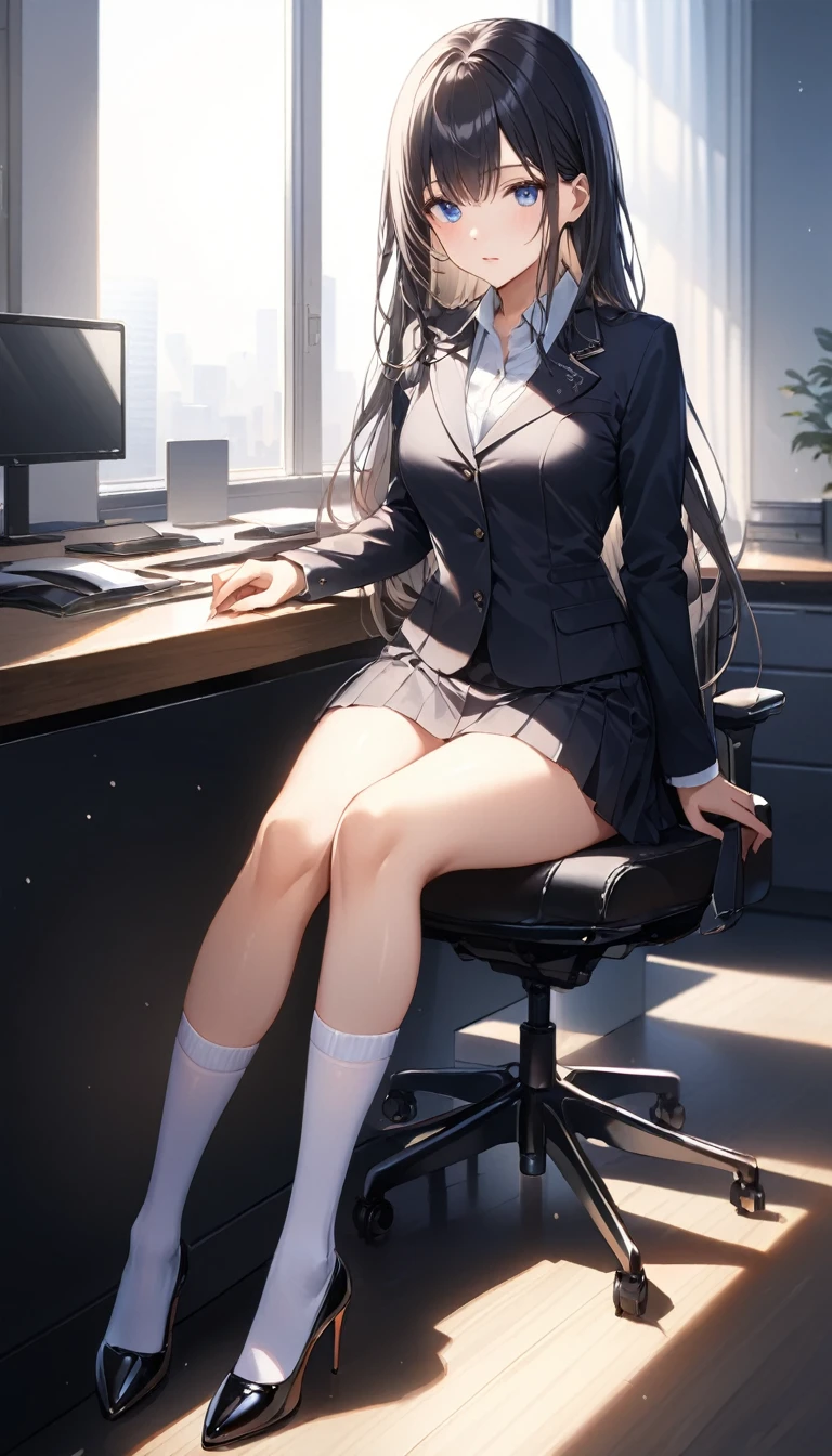 girl, 20 years old,Waist-length hair, Black Hair, blue eyes, Medium breasts, indoor，put，Short skirt，Knee-length socks，High heel，office，sit，，elegant，best quality, high resolution, Very detailed, Detailed background, Perfect lighting，light, Ray Tracing, Depth of Field, light, Ray Tracing, Ultra HD, High Detail, best quality, high resolution, high quality, The award-winning, Super Detail, masterpiece, 8K, Ultra HD, High Detail, best quality, high resolution, high quality, The award-winning, Super Detail, masterpiece