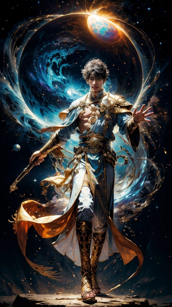 Masterpiece, best quality, Very detailed, 8k, high resolution, realistic,  Fantasy, Legendary existence, Mythical world, meditation, symmetrical, holy aura, magic circle, solar eclipse, nebula, alone, Amazingly handsome man, Handsome face, A smile that brings peace to people, "In Aphrodite", full body shot, Ancient Chinese costume with exquisite details, Gold Jewelry, white coat,