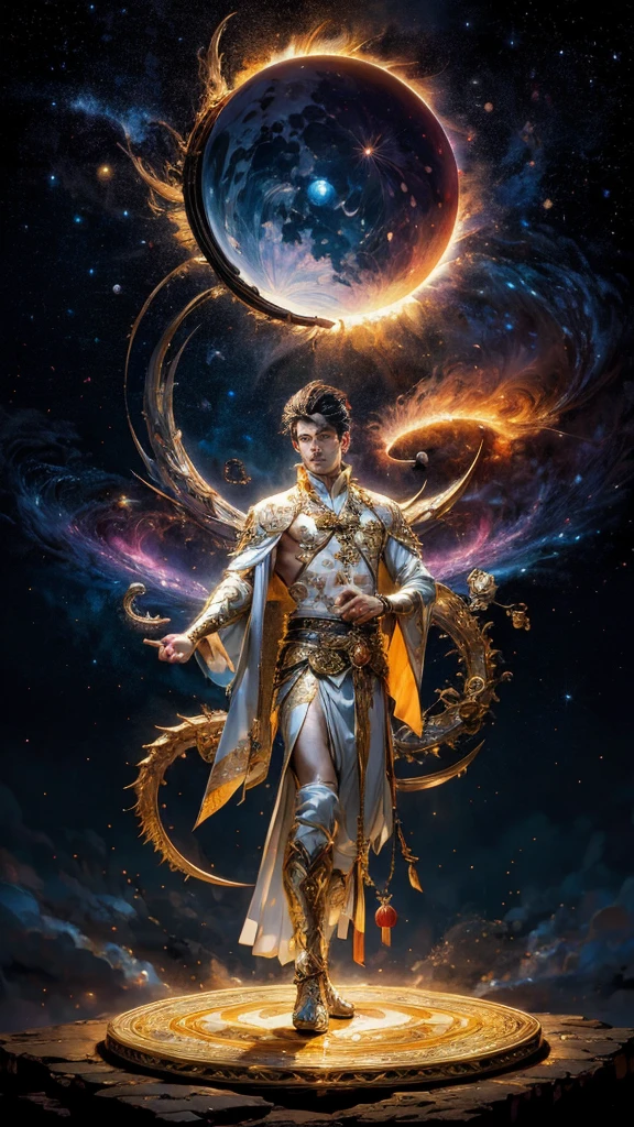 Masterpiece, best quality, Very detailed, 8k, high resolution, realistic,  Fantasy, Legendary existence, Mythical world, meditation, symmetrical, holy aura, magic circle, solar eclipse, nebula, alone, Amazingly handsome man, Handsome face, A smile that brings peace to people, "In Aphrodite", full body shot, Ancient Chinese costume with exquisite details, Gold Jewelry, white coat,