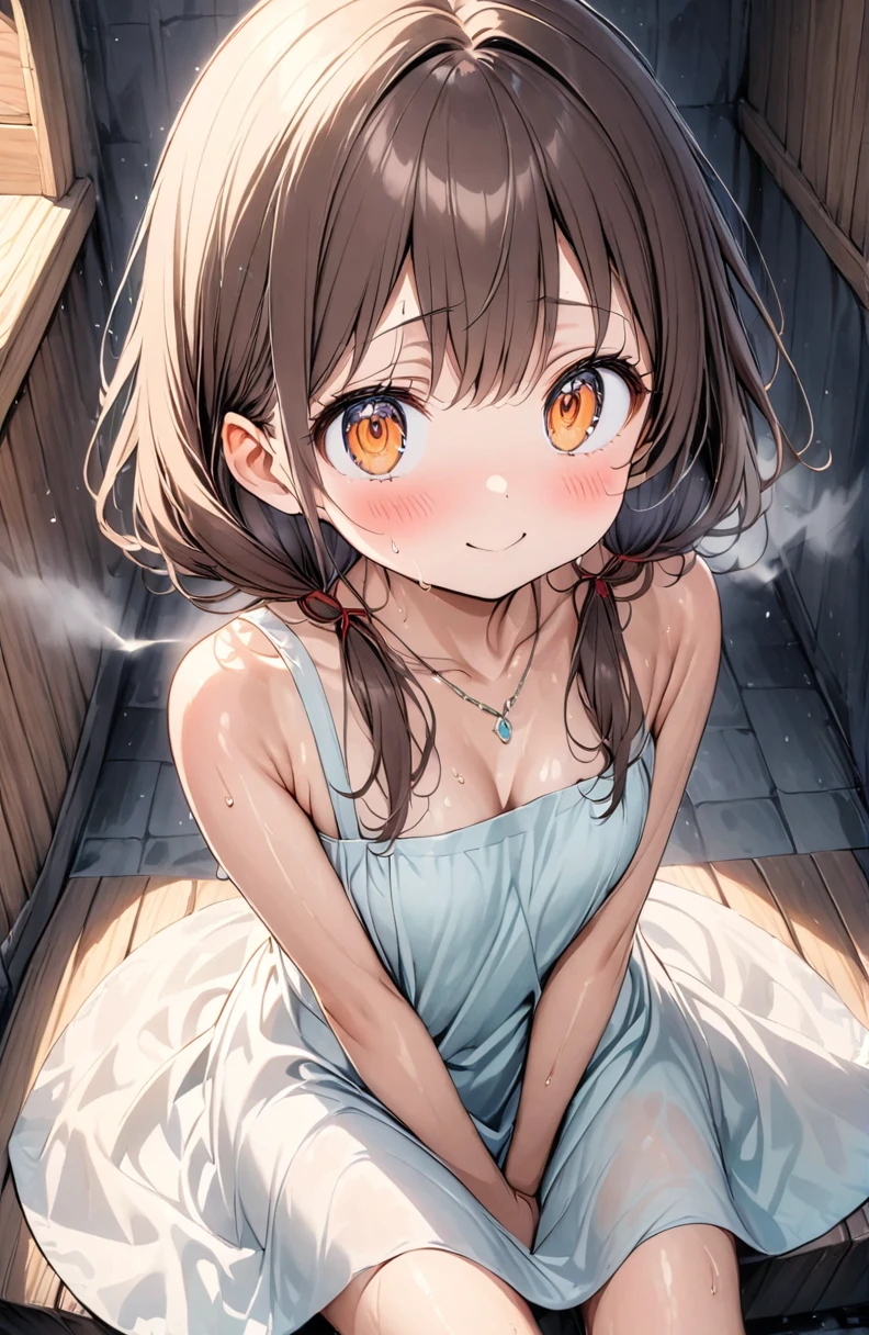 (Pastel color:1.3), (child:1.2), beautiful illustration, (perfect lighting, natural lighting), beautiful detailed hair, beautiful detailed face, beautiful detailed eyes, beautiful clavicle, beautiful body, beautiful chest, beautiful thigh, beautiful legs, beautiful hands, cute and symmetrical face, shiny skin, (detailed cloth texture:1.2), necklace, (white satin bra peek:1.0), (white satin pantie peek:1.0), (beautiful scenery), hands between legs, (lovely smile, upper eyes), (ultra illustrated style:1.3), (ultra detailed bath towel:1.3), (off sholder:1.5), (beautiful faces detailed, real human skin:1.2), (steams fog:2.0), (Hot:1.3), (((Sauna room))), sit, (perspiring:1.5), (embarrassed, blush:1.3), (bath towel:1.2), (aked towel:1.3), (sweat:1.5), (1 girl:1.4), (9 years old, height 1.2meters, chubby 28kg, tareme:1.3), (orange eyes with a hint of pink:1.3), (dark brown hair:1.7), (straight hair:1.7), (low twintails:1.7), (red hair tie:1.7), (large and soft breasts, Slender body, Small Ass:1.4), small nipples, fair skin, (blue hairclip), (Droopy eyes:1.2), (dynamic angle, sexypose:1.4), side view, (from bellow:1.1), (from above:1.7), elicate details, depth of field, best quality, anatomically correct, high details, HD, 8k,