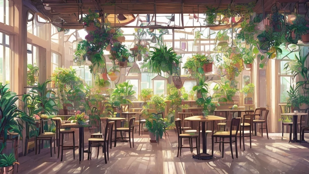 Es gibt einen Raum mit vielen Pflanzen und einem Tisch, gemütlicher Café-Hintergrund, Lo-Fi-Illustrationsstil, Anime-Hintergrundkunst, Lofi Artstyle, Lofi Art, entspannende Konzeptkunst, Café-Innenraum, Hochdetaillierte Szene, Café, detaillierte Landschaft — Breite 672, entspannende Atmosphäre, Raum voller Pflanzen, Sommernachmittag, in einem hellen Café