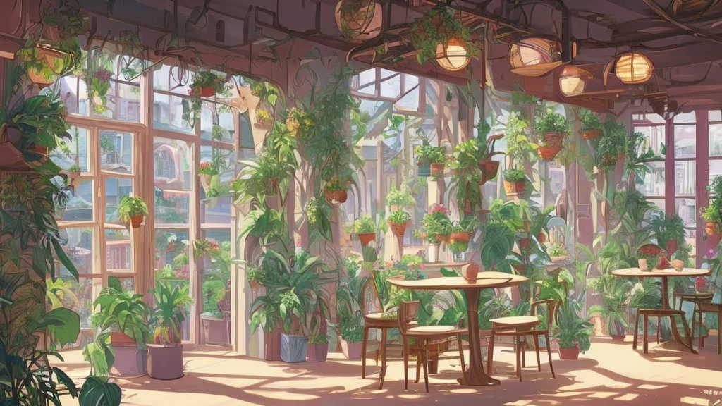 Há uma sala com muitas plantas e uma mesa, fundo de café aconchegante, estilo de ilustração lo-fi, arte de fundo de anime, Estilo Lofistyle, Estilo Lofi, arte conceitual relaxante, cafe interior, cena altamente detalhada, Cafeteria, cenário detalhado - largura 672, Atmosfera relaxante, sala cheia de plantas, tarde de verão, em um café iluminado