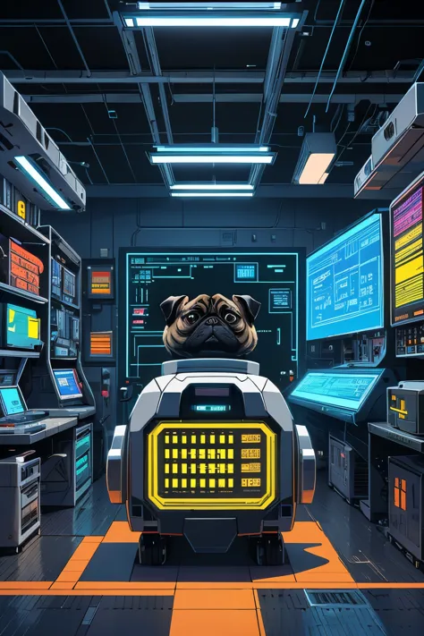 create an 8-bit pixel art scene of a pug in the center of a high-tech laboratory, surrounded by gadgets, robots, and futuristic ...