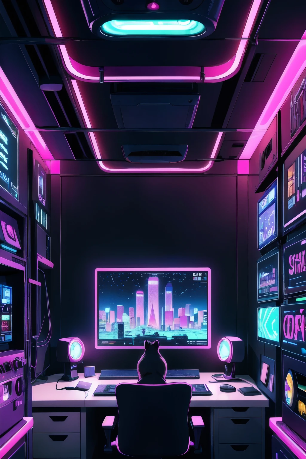 Create an 8-bit pixel art scene of a pug sitting at a computer desk in a dimly lit room. The pug is viewed from the side, using the computer. A window in the room shows a futuristic digital city illuminated by neon lights, with tall skyscrapers and holographic advertisements. The sky outside is a mix of purple, blue, and pink, adding to the cyberpunk ambiance. The room is dark, lit primarily by the computer screen.