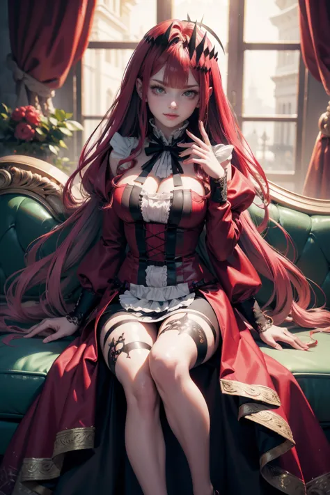 baobhan sith, ornament hair, vampire girl, perfectly body, perfectly hands, wave hair, red hair, long hair, green eyes, maid, ma...