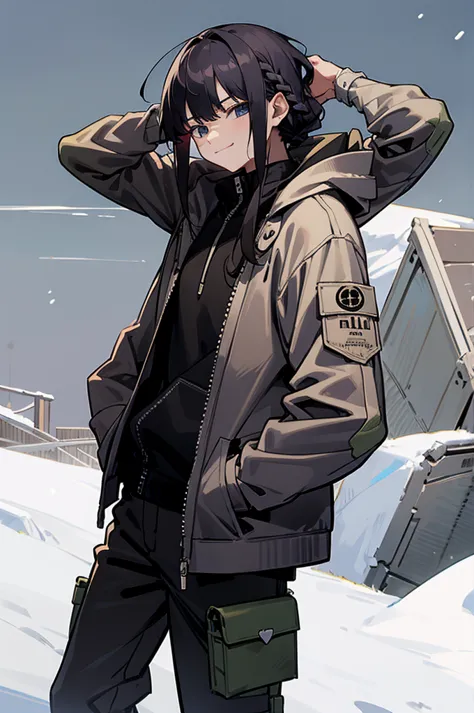 iso_valorant, standing, looking at viewer, jacket, hoodie, long pants, bandaid on face, medium length black hair, town, winter, ...