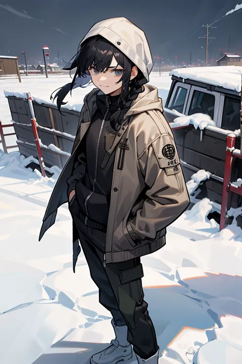 iso_valorant, standing, looking at viewer, jacket, hoodie, long pants, bandaid on face, medium length black hair, town, winter, ...