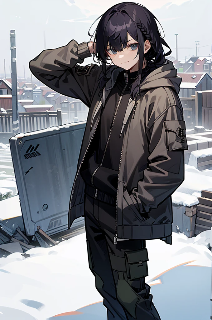 iso_valorant, standing, looking at viewer, jacket, hoodie, long pants, bandaid on face, medium length black hair, town, winter, arms in pockets, young man, lean build, braided hair, smirk, bangs covering head, hoodie over head