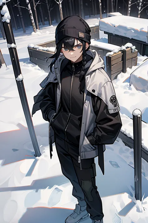 iso_valorant, standing, looking at viewer, jacket, hoodie, long pants, bandaid on face, medium length black hair, town, winter, ...