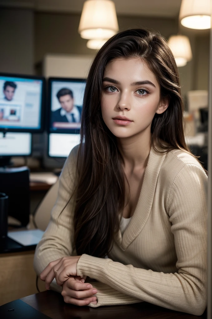 Masterpiece Portrait Photo of a 23 Year Old Brunette Man, Formal, Office, Computer on Side, Distracted Photo, 8K HD, DSLR, Cinematic Lighting, High Quality