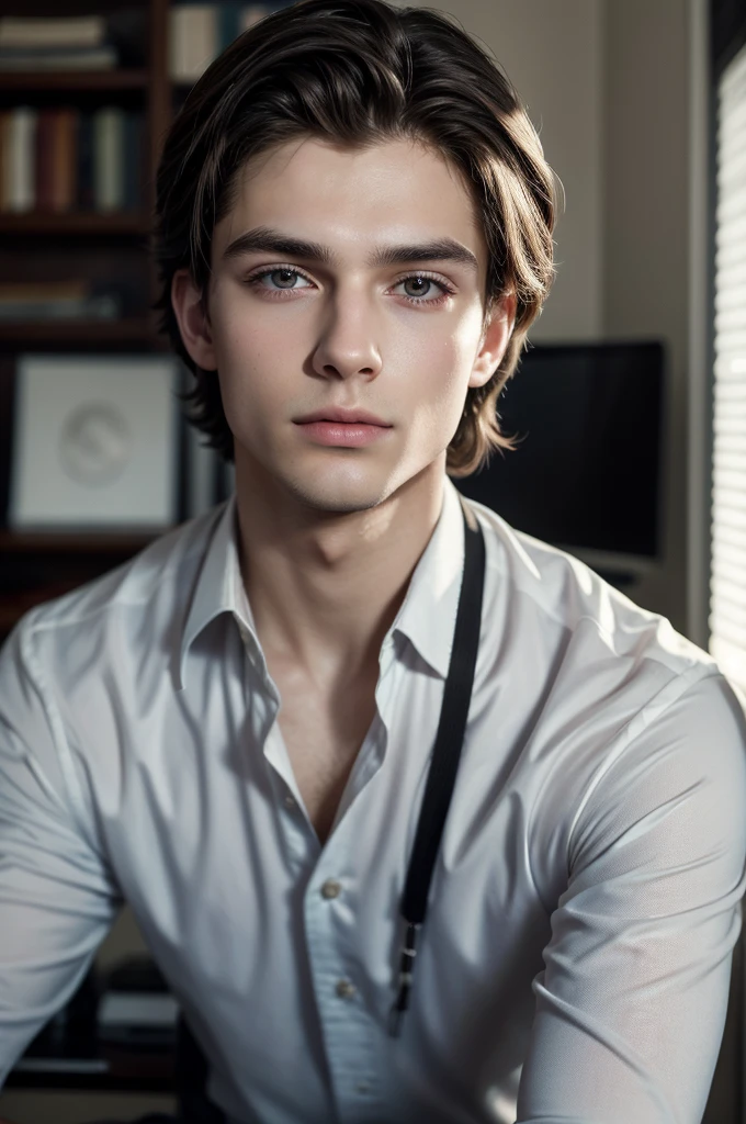 Masterpiece Portrait Photo of a 23 Year Old Brunette Man, Formal, Office, Computer on Side, Distracted Photo, 8K HD, DSLR, Cinematic Lighting, High Quality