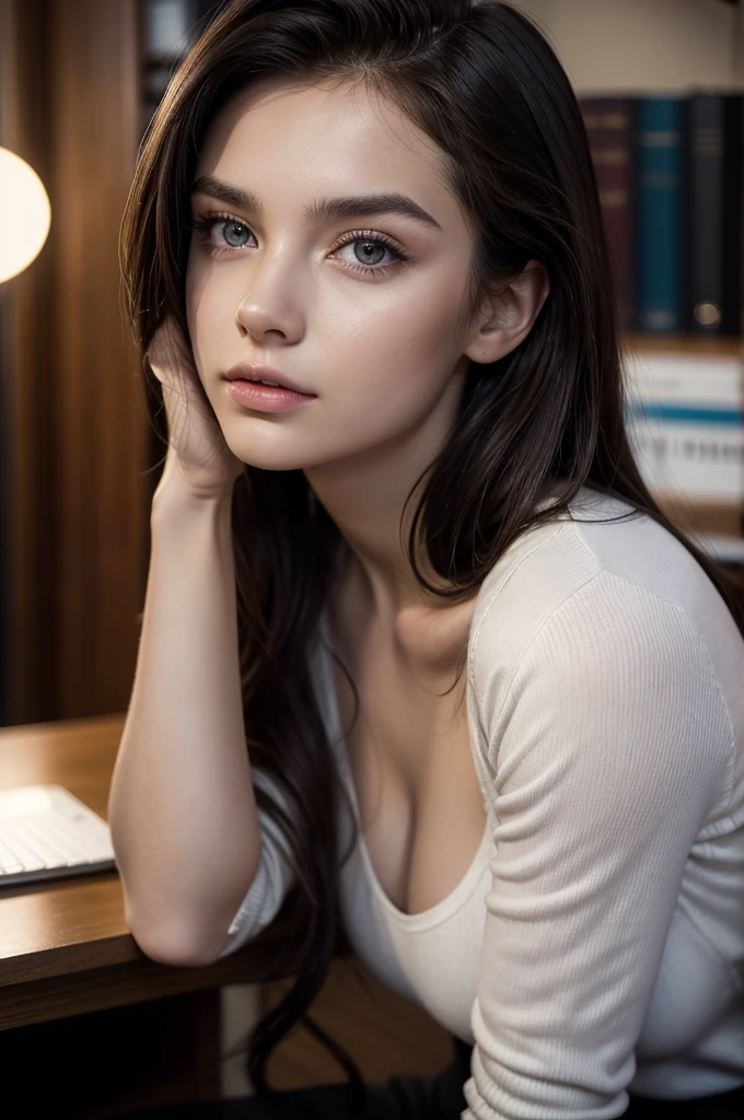 Masterpiece Portrait Photo of a 23 Year Old Brunette Man, Formal, Office, Computer on Side, Distracted Photo, 8K HD, DSLR, Cinematic Lighting, High Quality