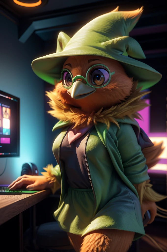 Female , bird, Torchic, background, (cinematic lighting:1.1), (perfect focus:1.1), 8k hd, (detailed eyes:1.2),depth of field, bokeh, subsurface scattering, perfect breasts, wide ,((wearing Ralsei Deltarune's clothing )),bright colors, (furry detail:1.3),detailed background, realistic, photorealistic, ultra realistic,(Gamer room with blue led lights ),realistic, photorealistic ,smile cute,(fluffy:1.3), furry, buff, (realistic fur:1.1), (extreme fur detail:1.2),((light orange fur)),(Black pupil, brown eyes,pixar style eyes),Torchic tail,3d pixar legs, with pectorals,brighter colors, and a sexy body. 