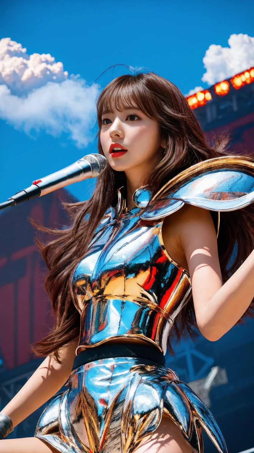 A masterpiece of photorealism, Highly detailed, photorealistic 8K photos, Highest Hyper-Realistic Quality, Volumetric Lighting and Shadows, Young woman with pegasus saint_armor, Shag Dark Red, Rock Concert Stage, Aerial shot of dramatic cloud formations