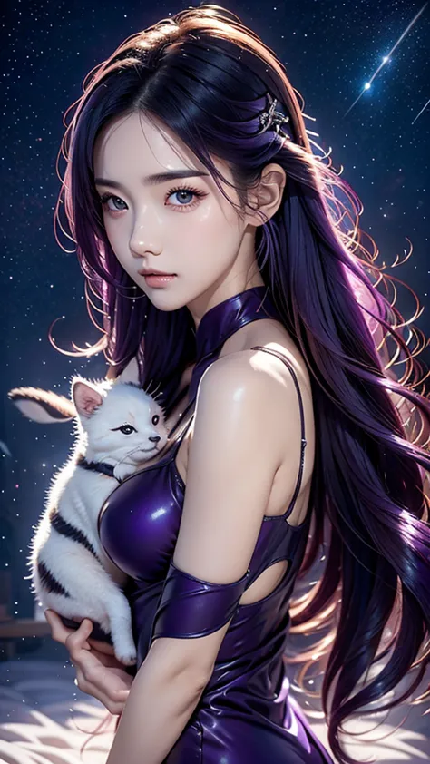 ａｉbeauty、animal holding prompt、constellation、night sky、starry sky zoo、real beauty、show off your whole body、purple hair