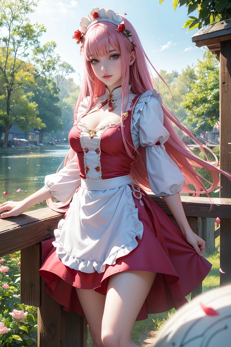 Zero Two, long hair, pink hair, red horns, long flowing hair, floating hair, ornament hair, perfectly body, perfectly hands, dark pink rose on hair, maid, maid dress, maid headdress, maid apron, seat on the grass, lake oriental with white carpas on the background, petals in the air, centered girl, maid dress, red dress, more details on her clothes, dress with transparency, golden details, daylight, smiling, cape, ((4k, masterpiece, top-quality)),8k, best quality, high resolution, HD, (illustration:0.8), super cute girl, delicate and beautiful face, 1girl, solo, mature girl, super cute hairstyle, (beautiful detailed eyes:1.6), extremely detailed face, perfect lighting, extremely detailed CG, (perfect hands, perfect anatomy), Best quality, cleavage, small skirt, full Body, two legs, two arms, two hands, five fingers