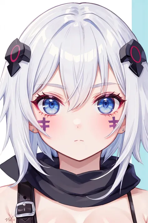 ((best quality)), ((masterpiece)), (detailed), perfect face, barbarian markings, short white hair, blue magenta eyes, (( emo ban...