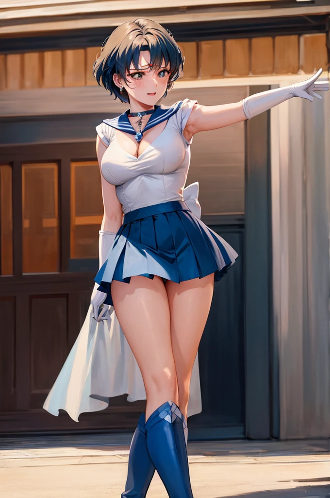 masterpiece, High resolution, Highest quality, rendered art, Well-formed hands, Fingers and body, 1 female, alone, Sailor Mercury, Adult, grown, Big Breasts, Cleavage, whole body, , Sexy Sailor Warrior Uniform, Blue short skirt, Blue Boots, Gorgeous Hips, legs and thighs, blonde, White elbow gloves, Sailor collar, tiara, Dancing seductively and erotically, make her body tremble, Show her back and front, Skirt raised by the wind, Laugh happily and brightly, Looking at the audience, make out, Beach Environment 