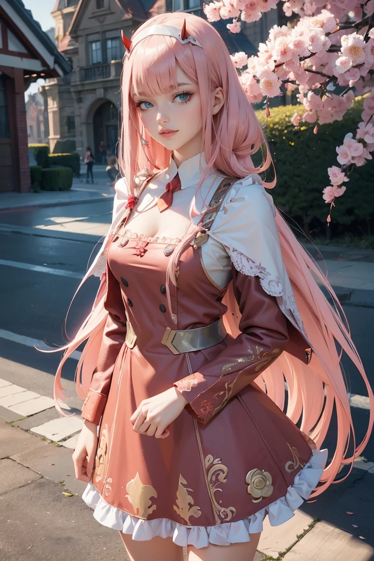 Zero Two, long hair, pink hair, red horns, long flowing hair, floating hair, ornament hair, perfectly body, perfectly hands, dark pink rose on hair, maid, maid dress, maid headdress, maid apron, white apron, on street, petals in the air, blossom peach tree, centered girl, maid dress, red dress, more details on her clothes, dress with transparency, golden details, daylight, smiling, cape, ((4k, masterpiece, top-quality)),8k, best quality, high resolution, HD, (illustration:0.8), super cute girl, delicate and beautiful face, 1girl, solo, mature girl, super cute hairstyle, (beautiful detailed eyes:1.6), extremely detailed face, perfect lighting, extremely detailed CG, (perfect hands, perfect anatomy), Best quality, cleavage, small skirt, full Body,