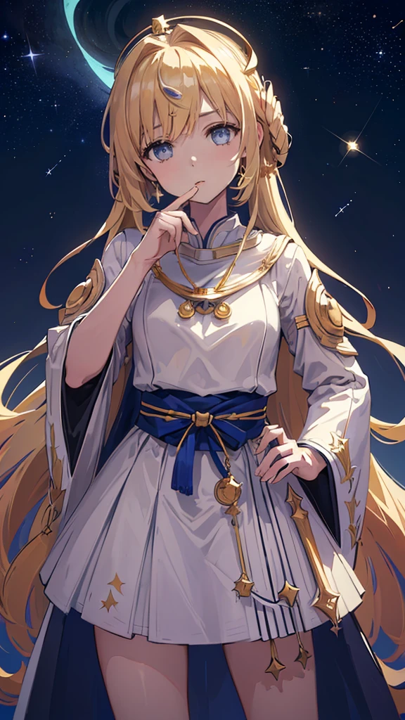  ((((Celestial navigator Stellara Starweaver))), 1girl, thoughtful, standing, (((astronomical glasses, star map))), face, serious, focused, (hands on hips), ((astronomical journal))), pale skin, ((stellar blue eyes)), long hair, ((astronomical crown))), pale blue dress, ((stellar stars))), ((starry background)), (wide shot), facing viewer, ((outdoors, night, moon))), ((moon phase: quarter moon)), (wide shot), looking up, ((head tilted))), contemplating, ((hands clasped behind back)), ((stellar necklace))), ((starry night sky))), (((high contrast)), (defined subject)), 2, ((wise and thoughtful)), (((high contrast))),BREAK,((best graphics model)),((Bright balance and soft ratio)), ((moderate dark balance)),((dark area 30%)),((((contrast 10%)), BREAK,((ratio sun beam 60%)),((Sky light 10%)),BREAK,((of the highest quality, 8K,Raw photo)),Japanese style colors, Soft-beam light, afternoon light,BREAK,((Fixed Finger, Hand))