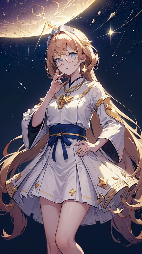  ((((Celestial navigator Stellara Starweaver))), 1girl, thoughtful, standing, (((astronomical glasses, star map))), face, serious, focused, (hands on hips), ((astronomical journal))), pale skin, ((stellar blue eyes)), long hair, ((astronomical crown))), pale blue dress, ((stellar stars))), ((starry background)), (wide shot), facing viewer, ((outdoors, night, moon))), ((moon phase: quarter moon)), (wide shot), looking up, ((head tilted))), contemplating, ((hands clasped behind back)), ((stellar necklace))), ((starry night sky))), (((high contrast)), (defined subject)), 2, ((wise and thoughtful)), (((high contrast))),BREAK,((best graphics model)),((Bright balance and soft ratio)), ((moderate dark balance)),((dark area 30%)),((((contrast 10%)), BREAK,((ratio sun beam 60%)),((Sky light 10%)),BREAK,((of the highest quality, 8K,Raw photo)),Japanese style colors, Soft-beam light, afternoon light,BREAK,((Fixed Finger, Hand))