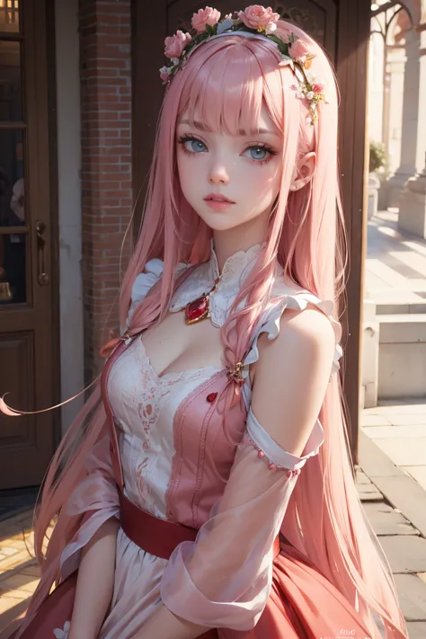 Zero Two, long hair, pink hair, red horns, long flowing hair, floating hair, ornament hair, perfectly body, perfectly hands, dar...
