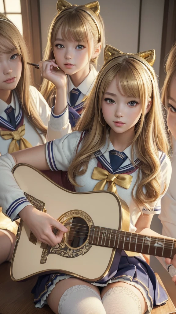 (Highest quality, masterpiece:1.5), (Super detailed, Realistic:1.37),4K,(girl:1.5),Japanese,cute,beautiful,(school uniform:1.3),(skirt),(Knee-high socks:1.2),(Gold Shorthair),I&#39;m playing the guitar,smile,listen to music