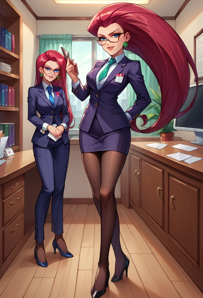 score_9,score_8_up,score_7_up,score_6_up, source_anime, 1girl, solo, (((EPpkJessie))), long hair, blue eyes, glasses, red hair, hair slicked back, pinstripe skirt suit, suit and tie, (((three-piece suit))), silk dress shirt, shirt and tie, necktie, ((blazer)), ((suit jacket)) ((waistcoat)), ((bodycon miniskirt)), stockings, high heels, tie clip, pocket square, tailored suit, (((cufflinks))),
office, holding clipboard, smug, confident, arrogant