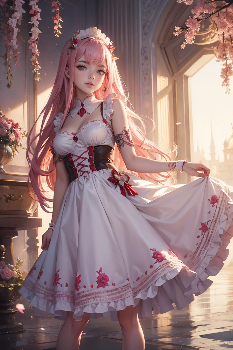 Zero Two, long hair, pink hair, red horns, long flowing hair, floating hair, ornament hair, perfectly body, perfectly hands, dark pink rose on hair, maid, maid dress, maid headdress, maid apron, seat on the grass, lake oriental with white carpas on the background, petals in the air, centered girl, maid dress, white dress, more details on her clothes, dress with transparency, red details, daylight, smiling, ((4k, masterpiece, top-quality)),8k, best quality, high resolution, HD, (illustration:0.8), super cute girl, delicate and beautiful face, 1girl, solo, mature girl, super cute hairstyle, (beautiful detailed eyes:1.6), extremely detailed face, perfect lighting, extremely detailed CG, (perfect hands, perfect anatomy), Best quality, cleavage, small skirt, full Body, two legs, two arms, two hands, five fingers