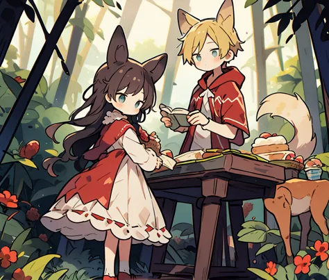 little red riding hood and the young man with wolf ears、little、in the forest